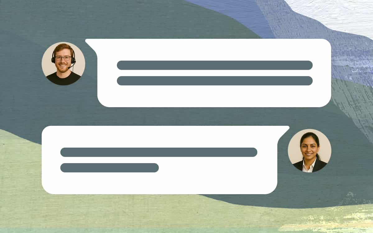 Two chat bubbles next to profile pictures in a texting format. The first profile picture shows a man with a headset, representing a RouteZero travel agent.