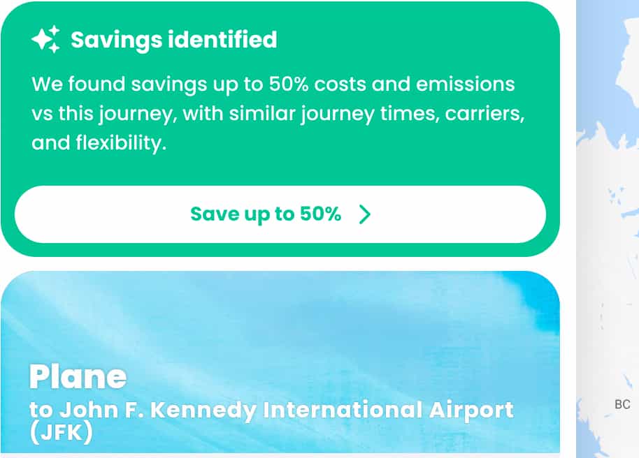 A message on the RouteZero platform stating "Savings identified. We found savings up to 50% costs and emissions vs this journey, with similar journey times, carries, and flexibility."