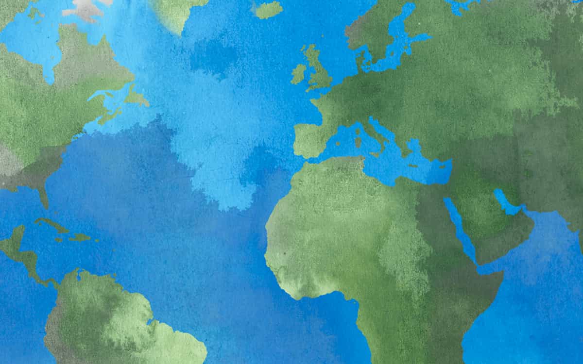 An illustrated close up of the Earth, showing the West coast of America, the top of South America, Europe, Africa, the Middle East and the east of Asia.