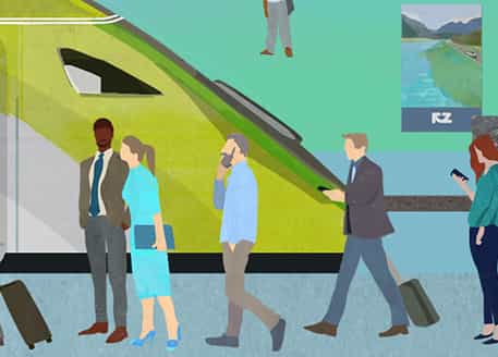 Illustration of people queing to baord a train on a train platform.