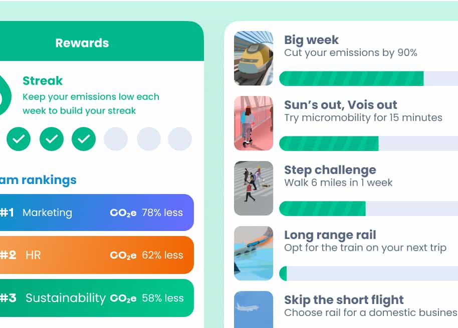 On the left, competative features, such as a weekly streak for keeping emissions low, and a leaderboard comparing emissions reductions across departments. On the right, a list of achievements, such as cutting their emissions by 90%, and the users progress towards them.