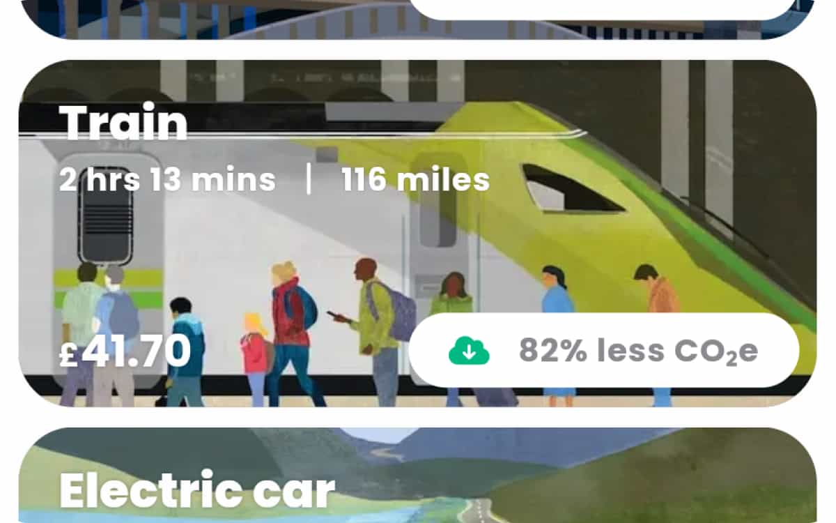 A screenshot from the RouteZero platform showing the button to select train travel, and highlighting that the best train route costs £41.70, takes 2 hours 13 minutes, is 116 miles, and prodcues 82% less CO₂e than ther average for this route.