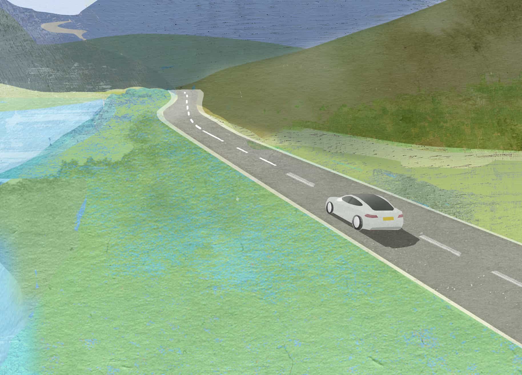Illustration of a car that looks like a Tesla driving along a riverside road.