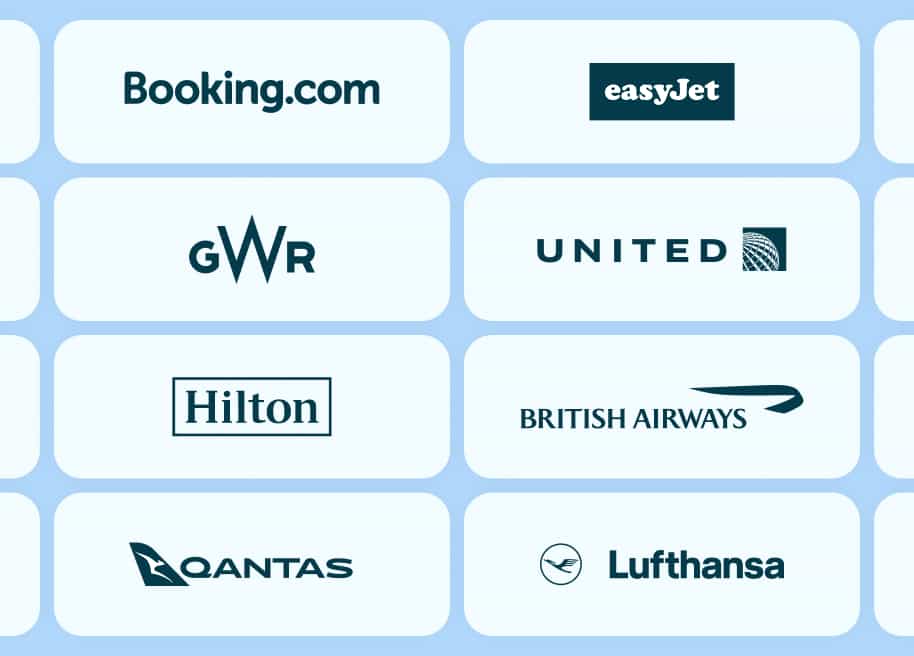 A grid of some of the providers available through RouteZero, displaying Booking.com, EasyJet, GWR, United Airlines, Hilton, British Airways, Quantas, and Lufthansa.