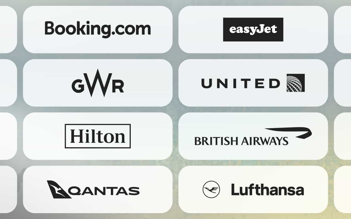 A grid of some of the providers available through RouteZero, displaying Booking.com, EasyJet, GWR, United Airlines, Hilton, British Airways, Quantas, and Lufthansa.