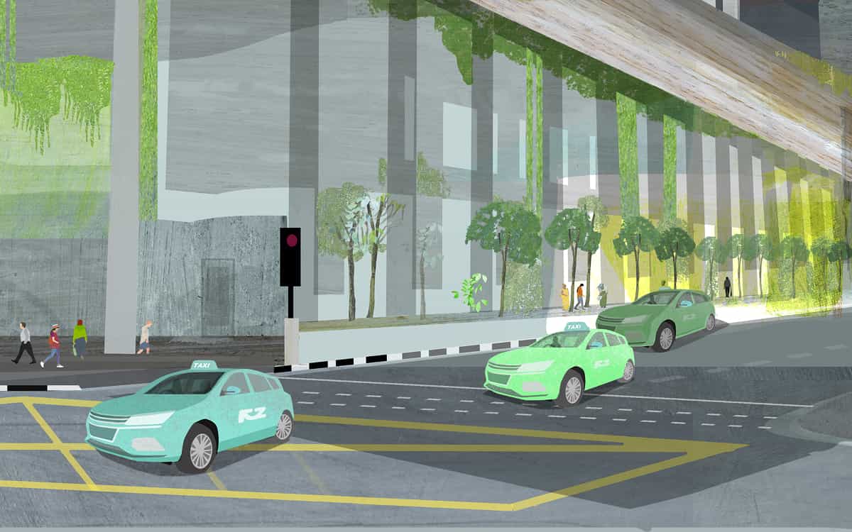Illustration of electric taxis driving through a city.