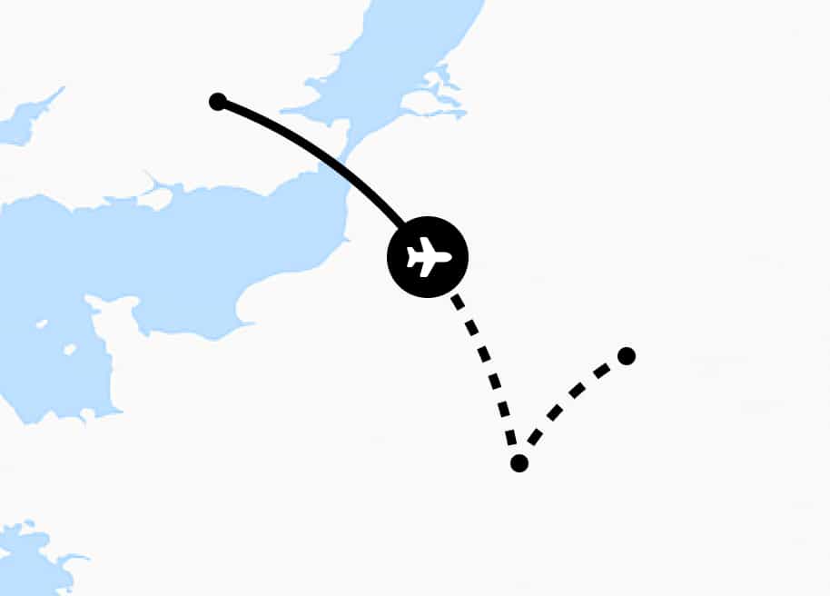 A dotted line shows an indirect flight path from England into France, and then another leg further east. There is a plane icon halfway along the path from England to France.