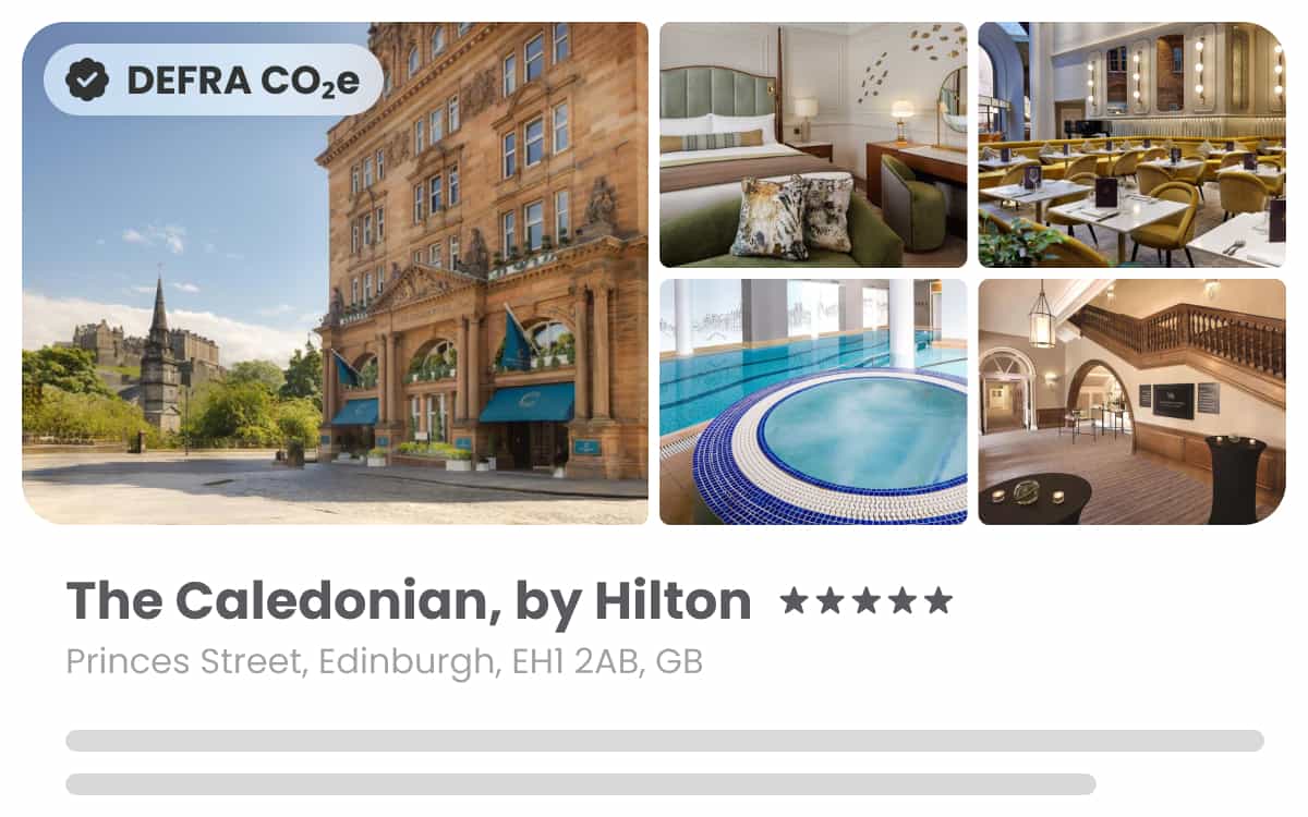 A image of a hotel available through the platform, "The Caledonian, by Hilton", with a 5 star rating, and images of the hotel entrance, pools, foyer, bedrooms, and dinning area.
