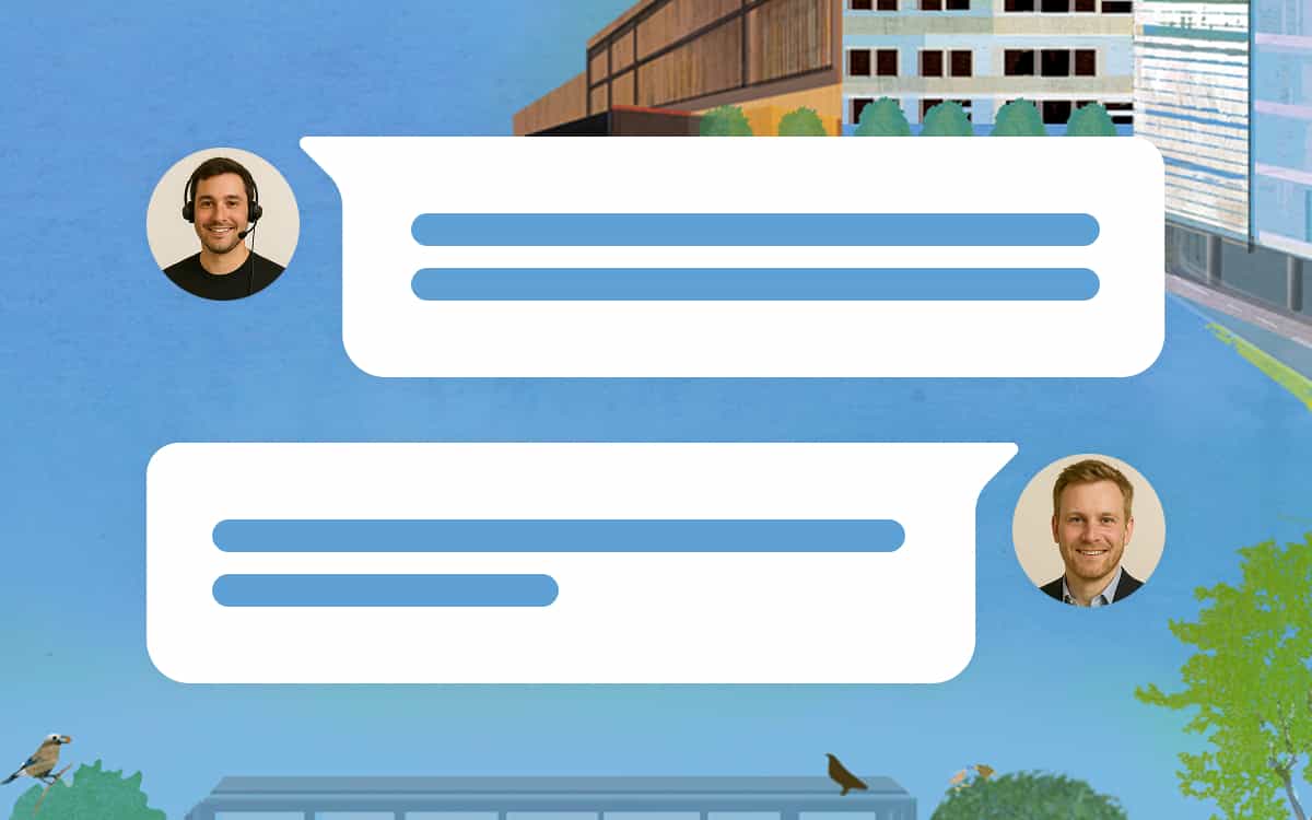 Two chat bubbles next to profile pictures in a texting format. The first profile picture shows a man with a headset, representing a RouteZero travel agent.