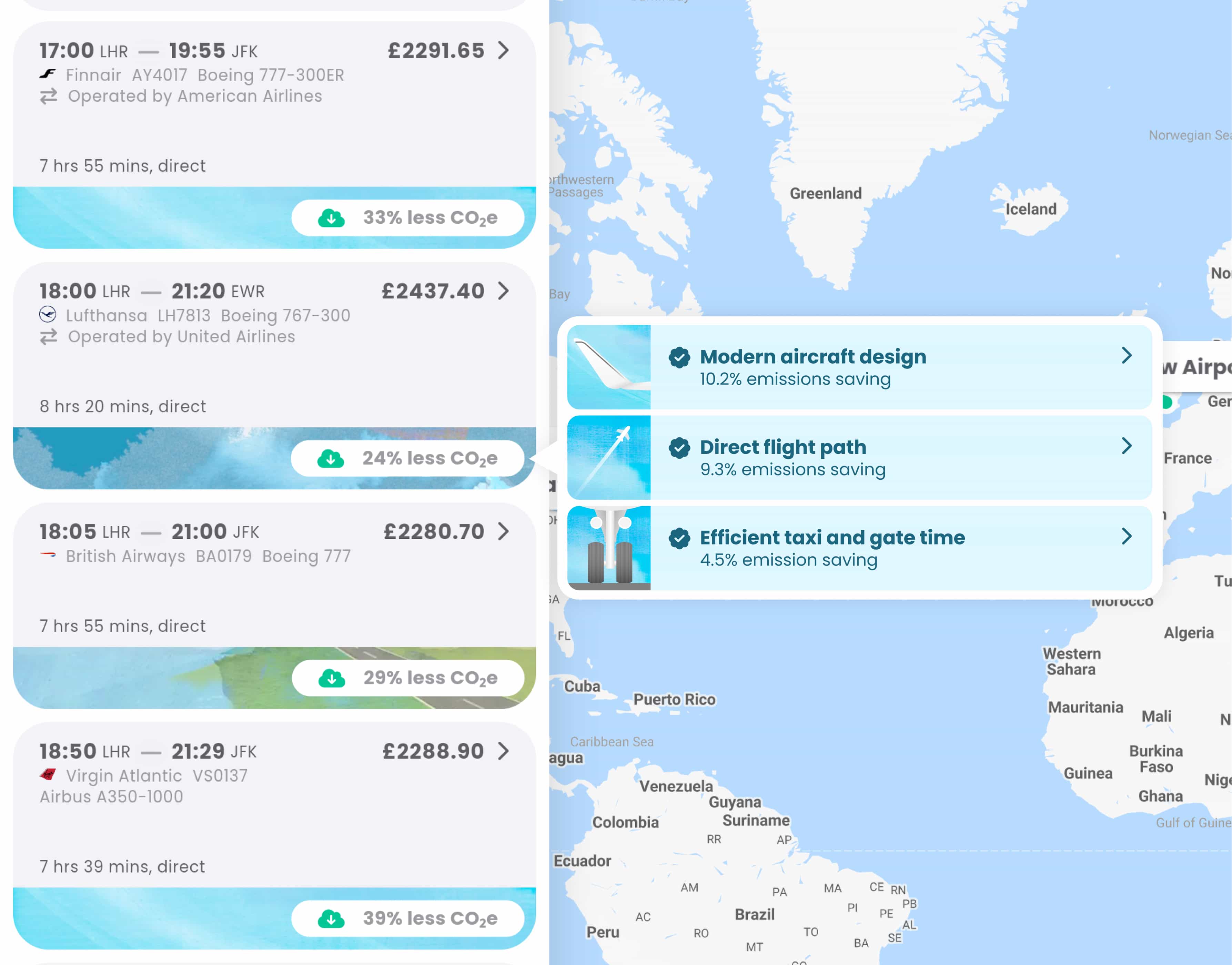Screenshot from the RouteZero platform showing four flight options. The second has a breakdown of the carbon savings shown: Modern aircraft design - 10.2% emissions saving, Direct flight path - 9.3% emissions saving, Efficient taxi and gate time - 4.5% emissions saving.