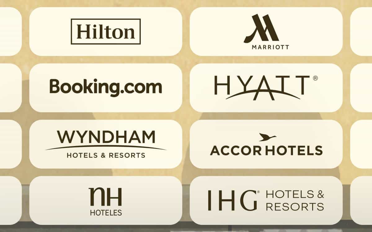 A grid of some of the providers available through RouteZero, displaying Hilton, Marriot, Booking.com, Hyatt, Wyndham Hotels and Resorts, Accor Hotels, NH Hotels, and IHG Hotels and Resorts.