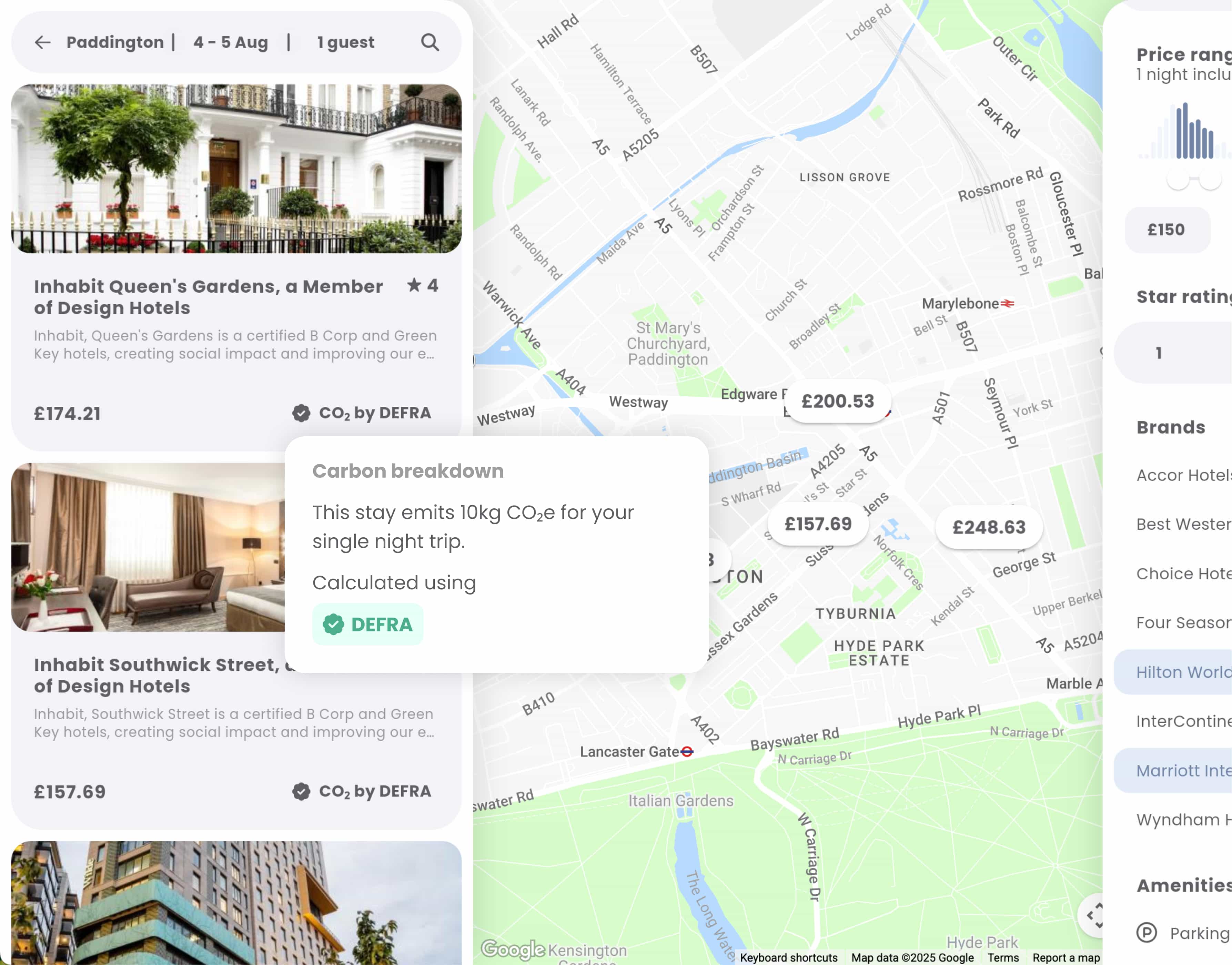 Screenshot from the RouteZero platform showing two hotel options. The second has a breakdown of the carbon emissions showing that the 10kg CO₂e was calculated using the DEFRA methodology.