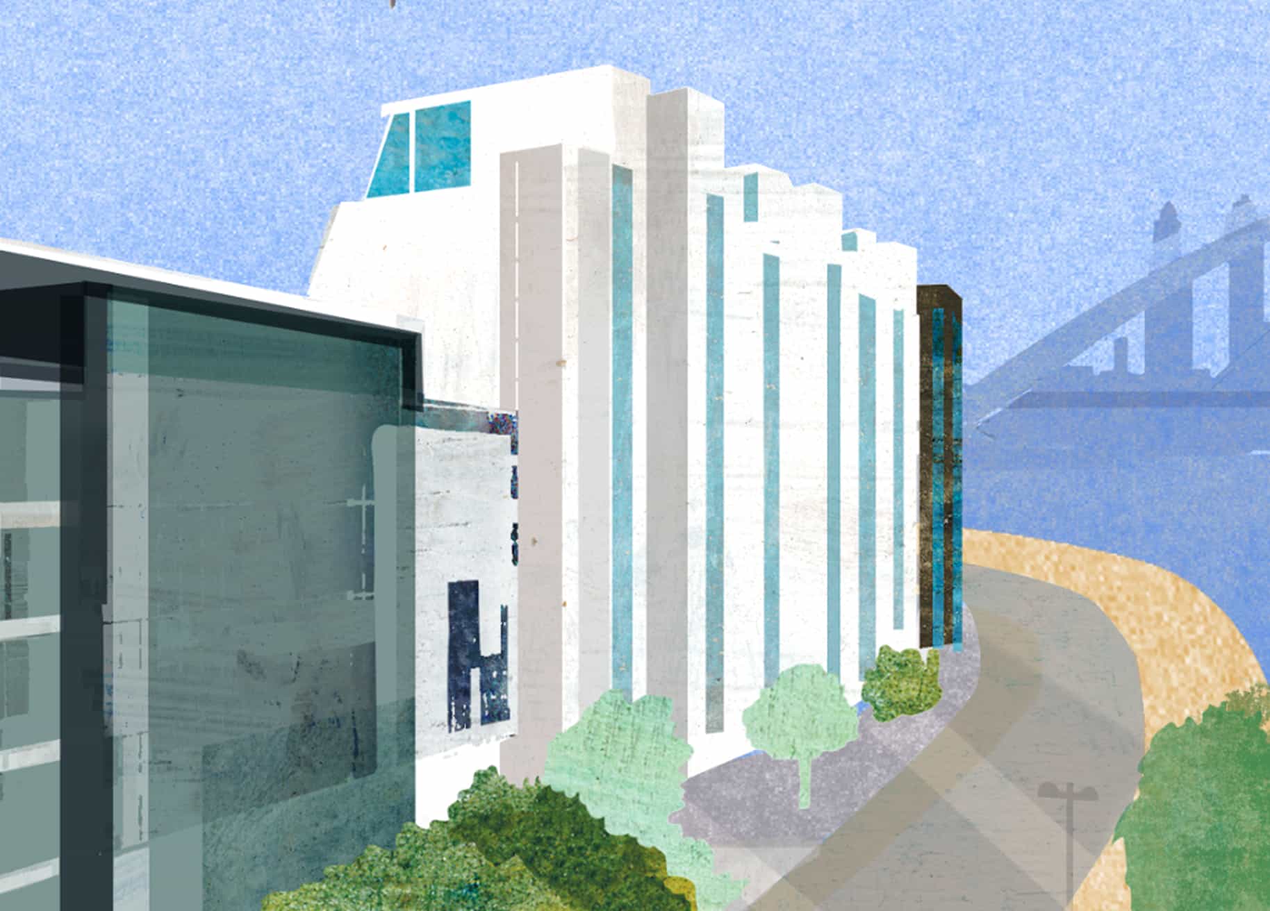 Illustration of a hotel near the bank of a river, with a high rise skyline visible on the other side of the river.