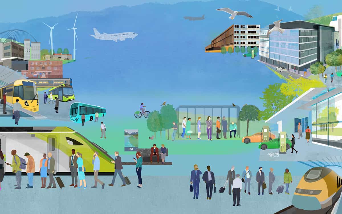Illustration of people using lower carbon transit, including buses, trains, and EVs.