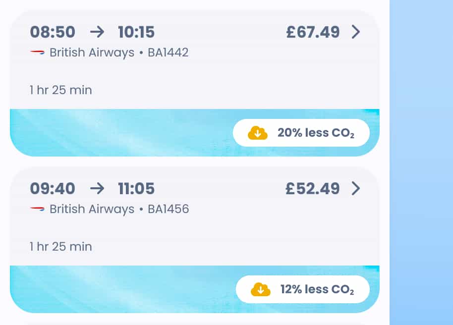 A screenshot of the RouteZero platform showing two flight options. Both are British Airways flights with the same duration, but one departs at 08:50am, 50 minutes earlier than the other, and is 20% lower CO₂ than average, compared to the 12% less of the other.