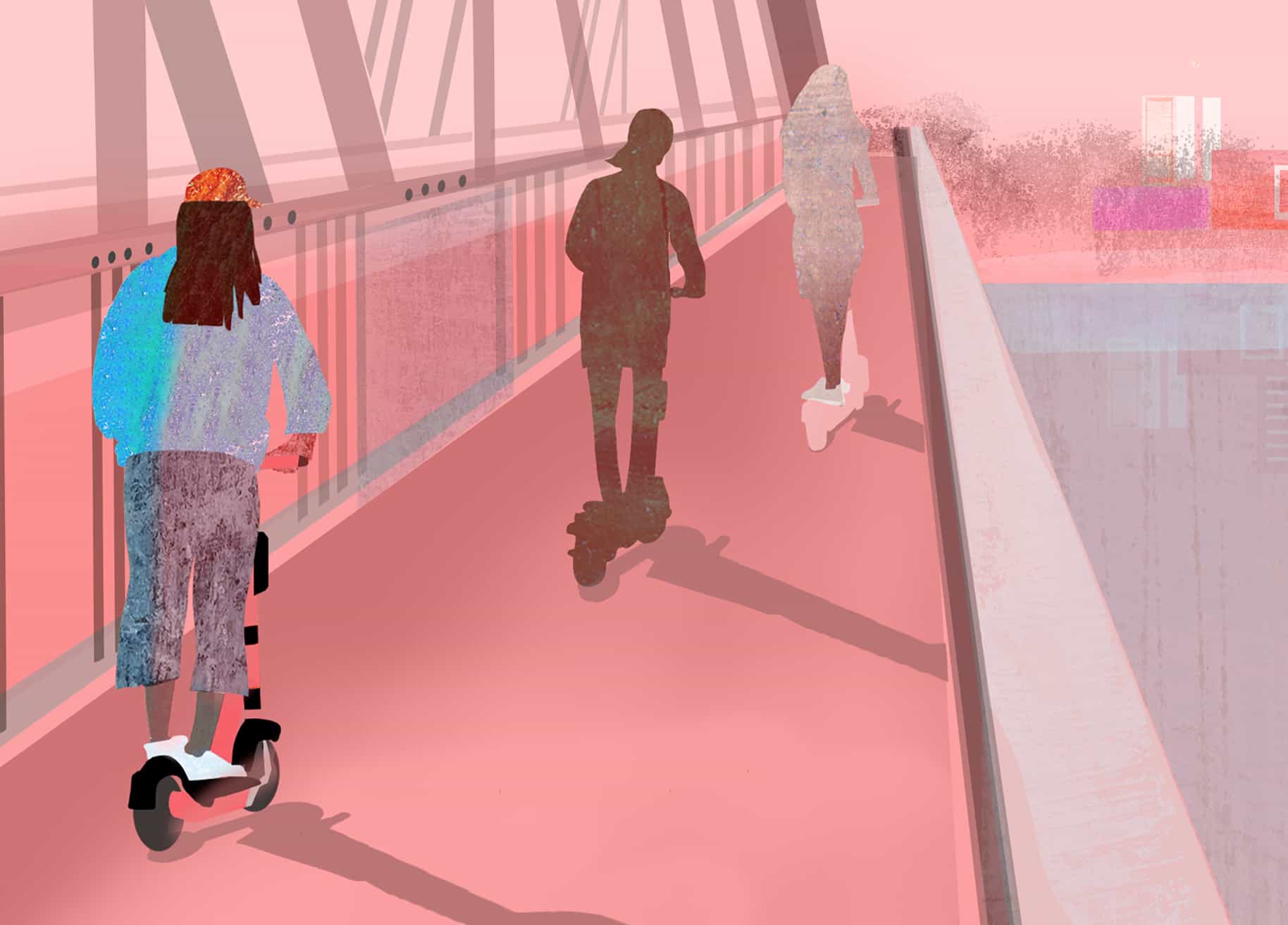 Illustration of three people riding electric scooters over a bridge.