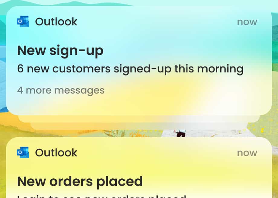 Screenshot of an Outlook notification on a phone with the title "New sign-up" and the body "6 new customers signed-up this morning".