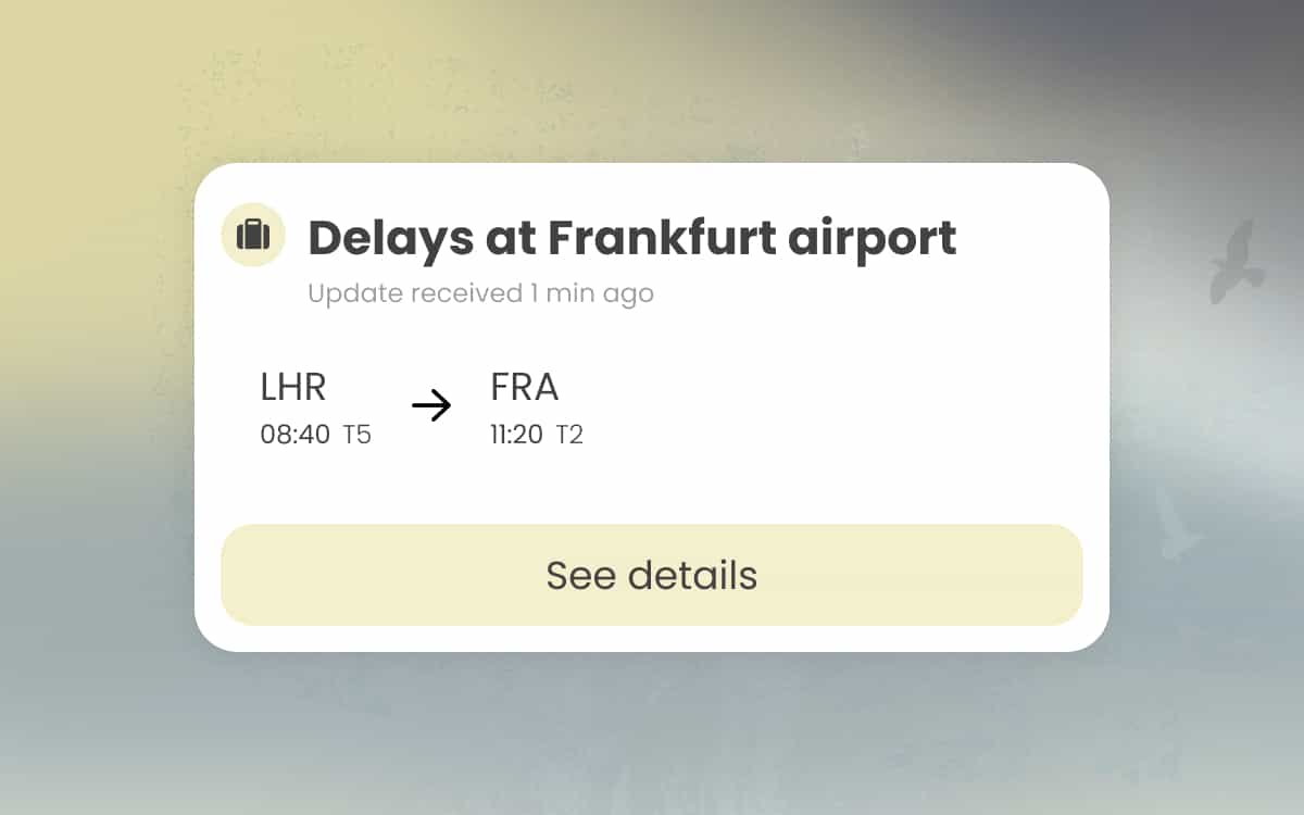 Popup showing a warning of delays at Frankfurt airport, above an itinerary showing a journey from LHR to FRK. There is a button below reading "See details".
