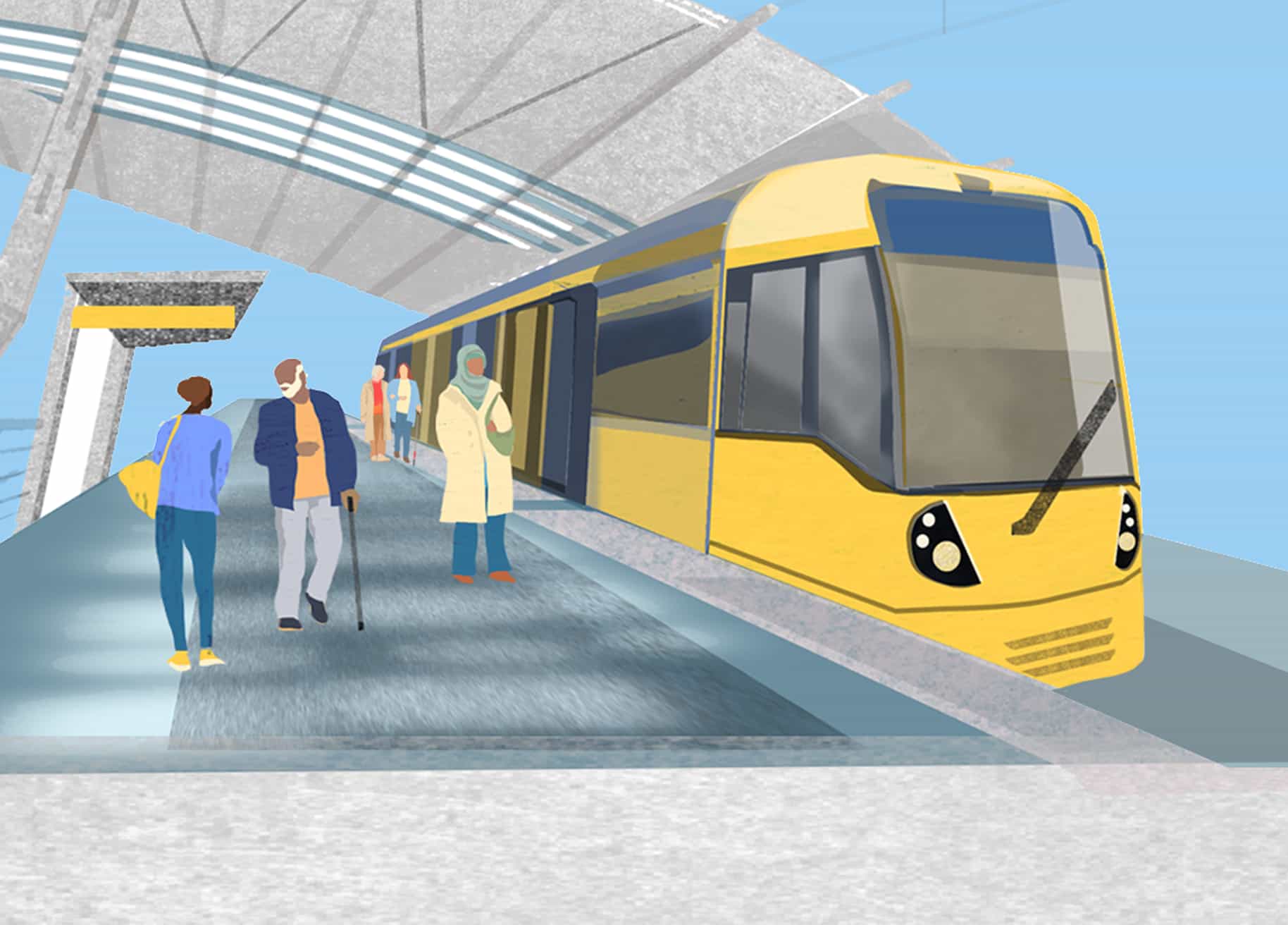 Illustration of people getting on and off of a tram pulled into a tram station.