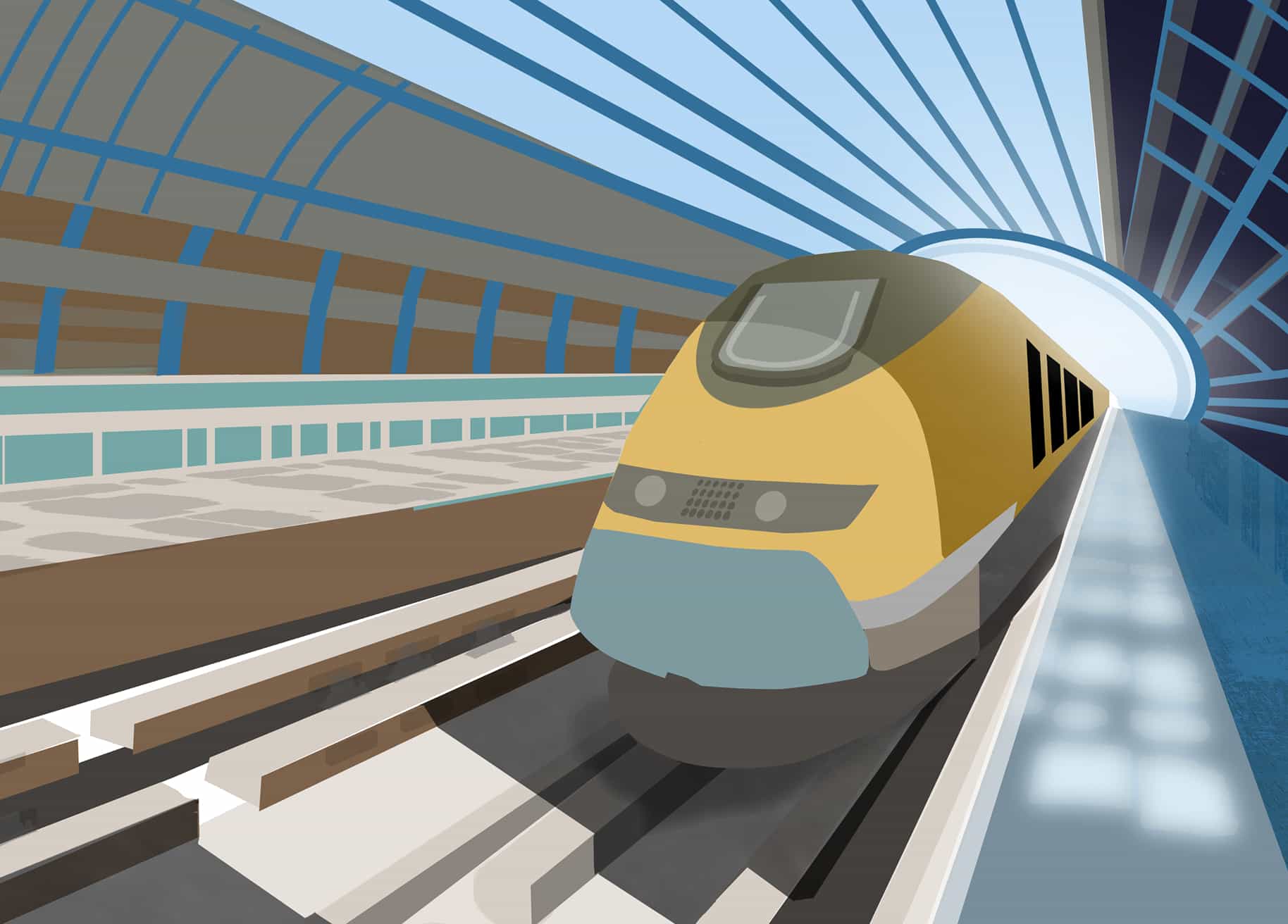 Illustration of a train pulling up next to a platform in a large train station.