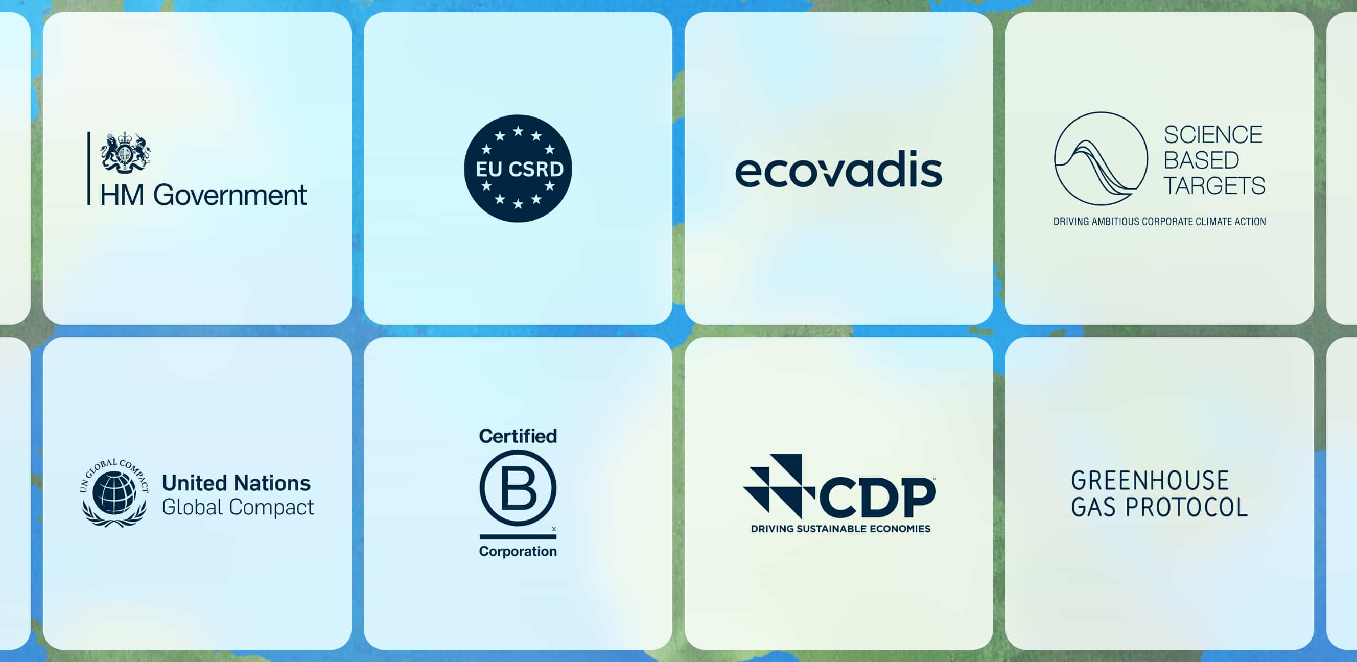 A grid of company logos: HM Government, EU CSRD, Ecovadis, Science Based Targets, United Nations Global Compact, B Corporation, CDP, and Greenhouse Gas Protocol.