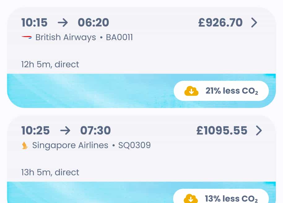 A screenshot of the RouteZero platform showing two flight options. Both are British Airways flights, but one is 1 hour quicker with duration of 12 hours 5 minutes, and is 21% lower CO₂e than average, compared to the 12% less of the other.