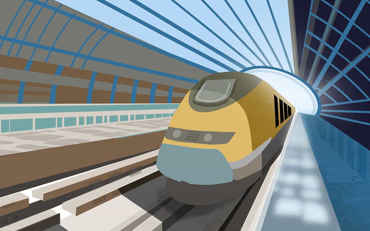 Illustration of a train pulling up next to a platform in a large train station.