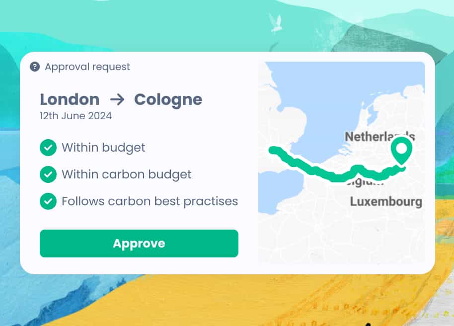 A request for approval for a travel route from London to Cologne. The journey is marked as "Within buget", "Within carbon budget", and "Follows carbon best practices". There is a green approve button below.