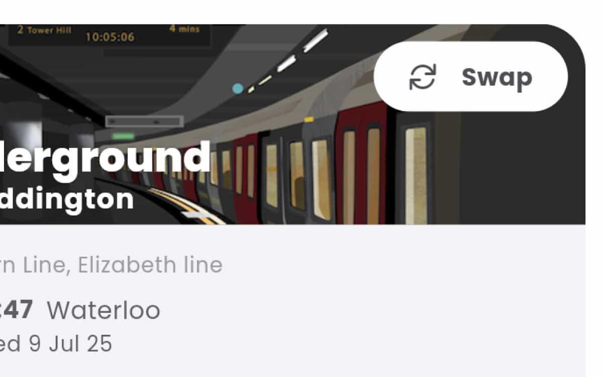 Screenshot from the RouteZero platform showing a "swap" button for an underground transport leg to Paddington.