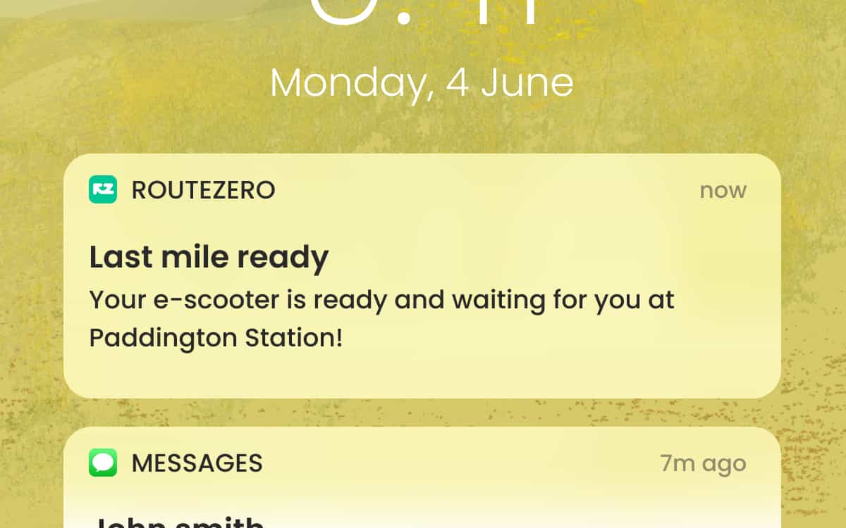 Screenshot of a phone notification from RouteZero with the title "Last mile ready", and the body "Your e-scooter is ready and waiting at Paddington Station!"