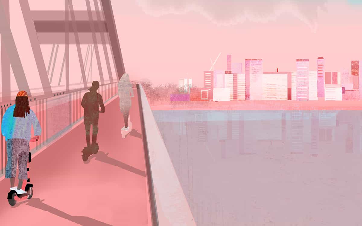 Illustration of three people riding electric scooters over a bridge.