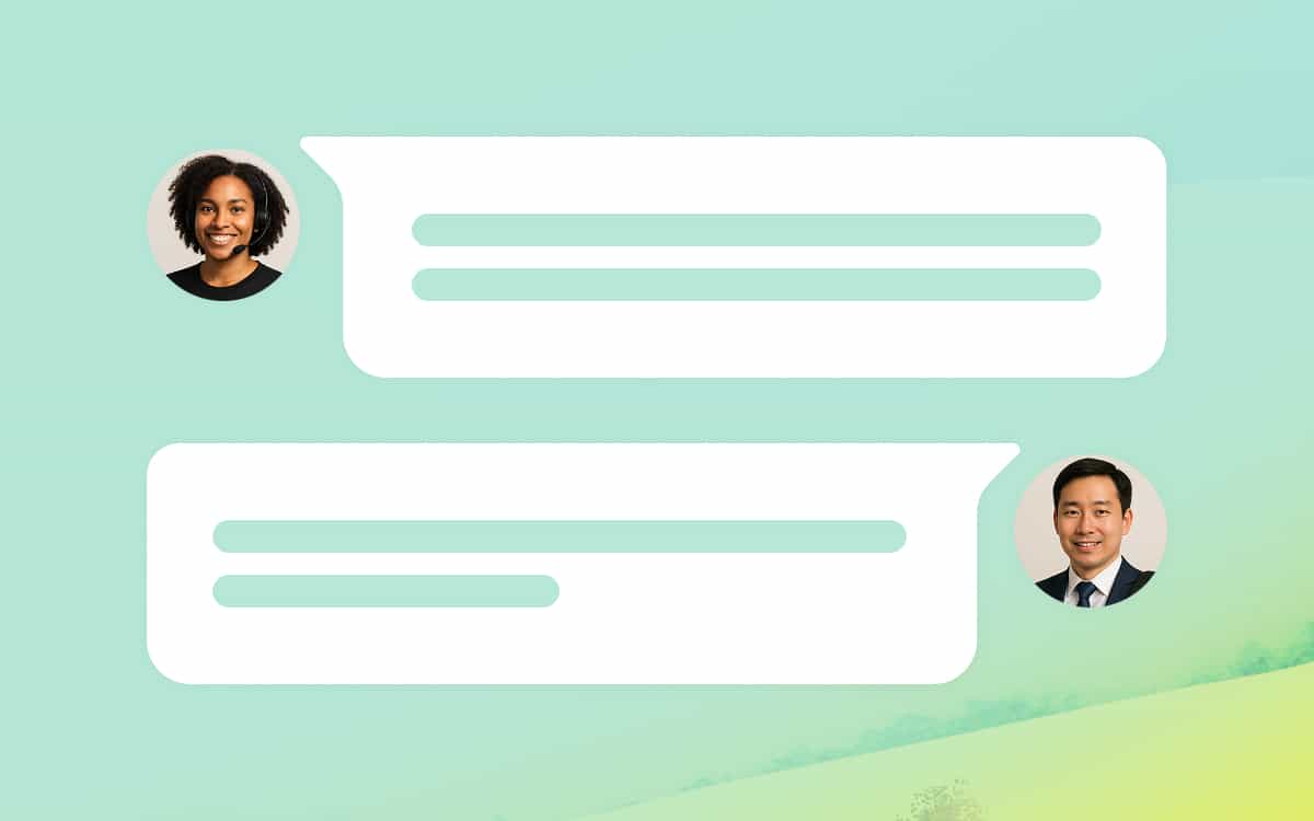 Two chat bubbles next to profile pictures in a texting format. The first profile picture shows a woman with a headset, representing a RouteZero travel agent.