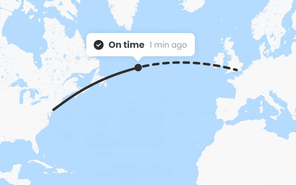 A dotted line shows a flight path from America to England. A dot represents the plane, almost halfway along the path, with a message reading "On time - 1 min ago".