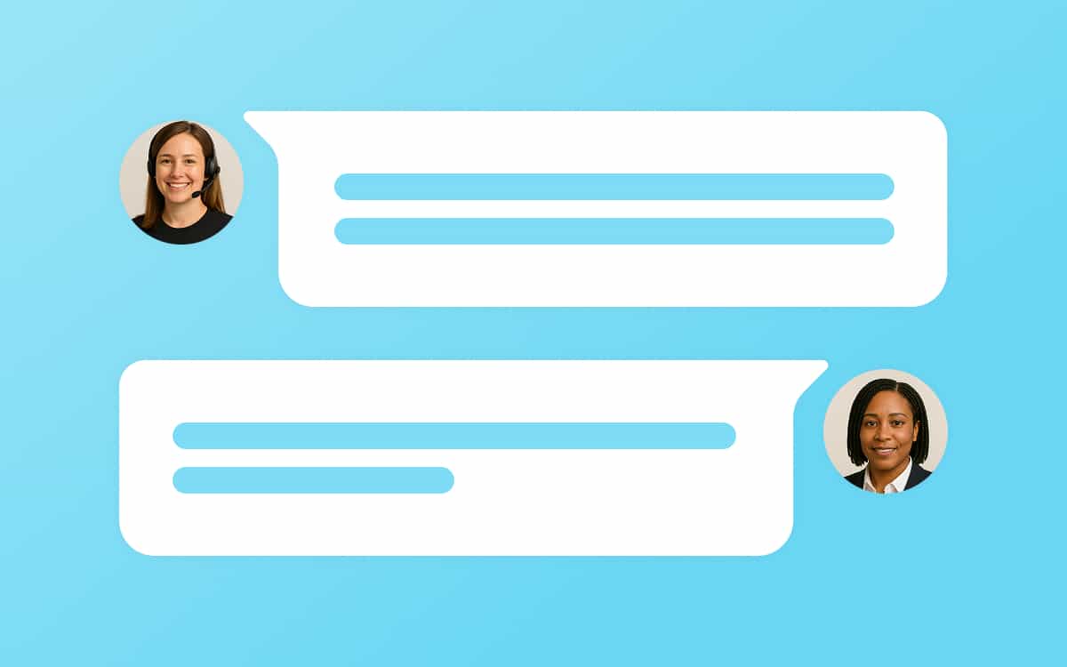 Two chat bubbles next to profile pictures in a texting format. The first profile picture shows a woman with a headset, representing a RouteZero travel agent.