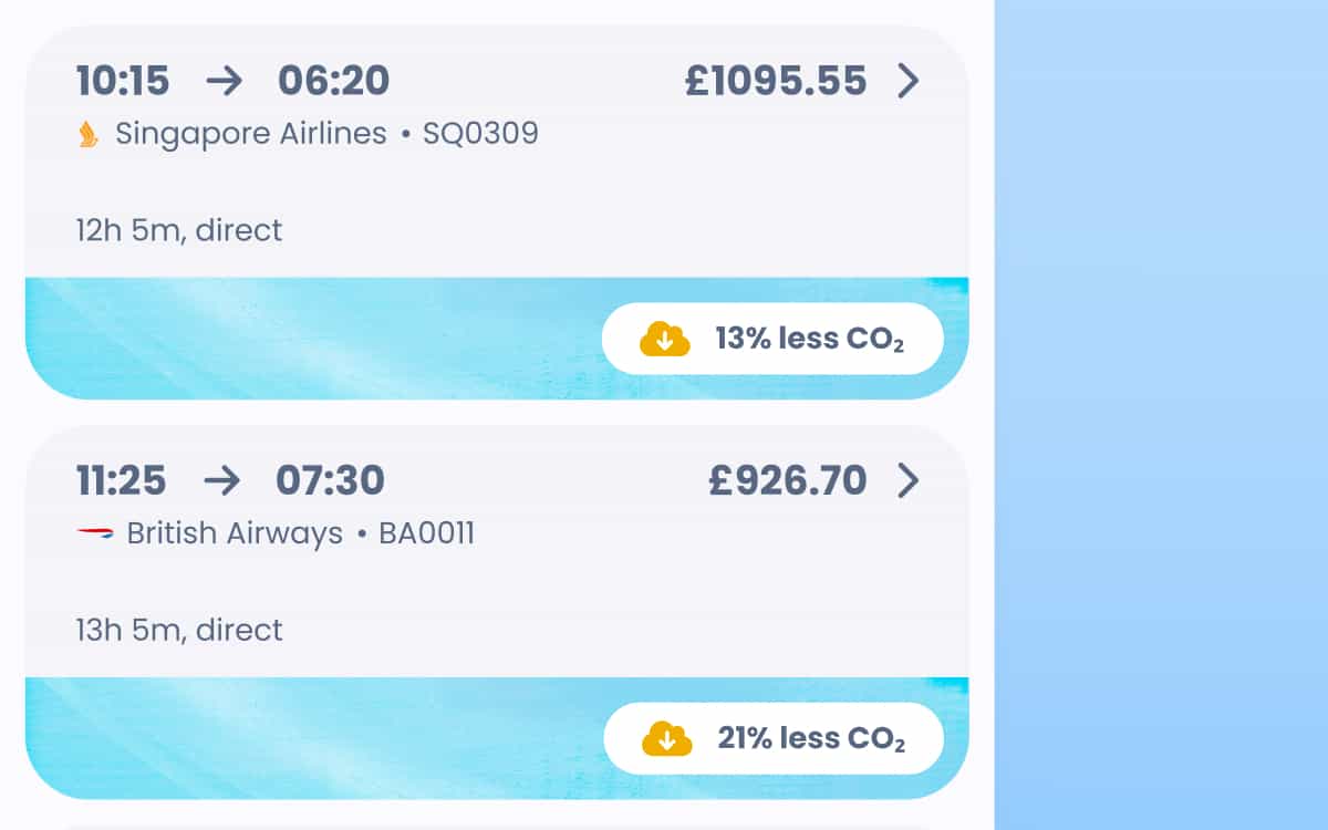 A screenshot form the RouteZero platform showing two flight options, the first has 13% less CO₂, while the second has 21% less CO₂ than the average flight.